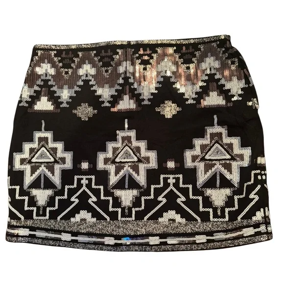 Express Black Sequin Aztec Mini Skirt XSmall NWT - Picture 1 of 5